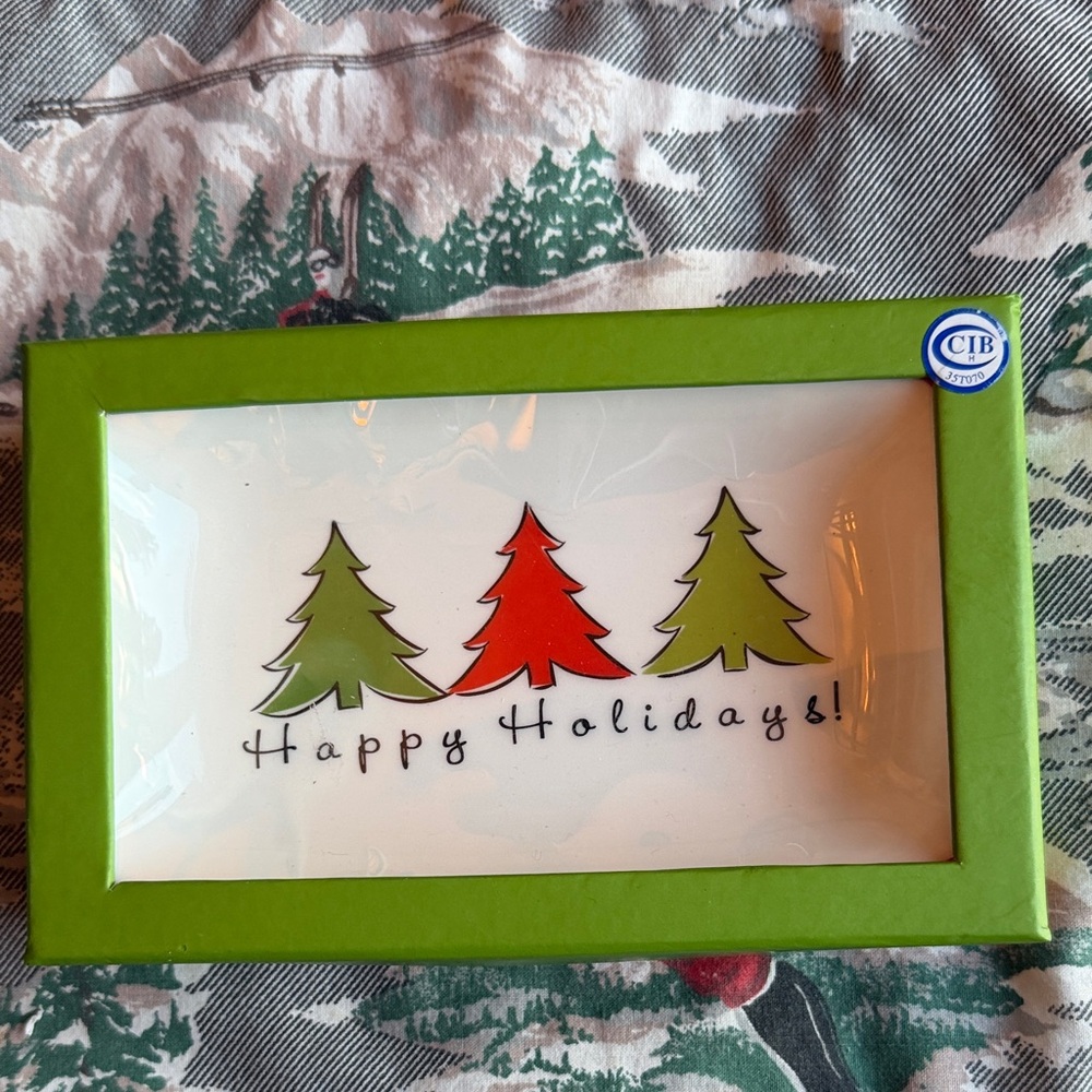 Festive Holiday Dish with Green and Red Trees